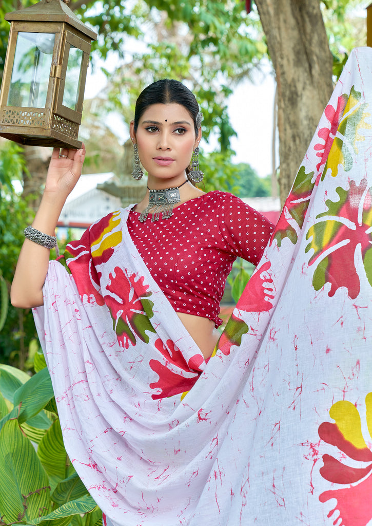FASHION FUNDA PURE MULMUL COTTON BAGRU FANCY HAND PRINTED WHITE SAREE