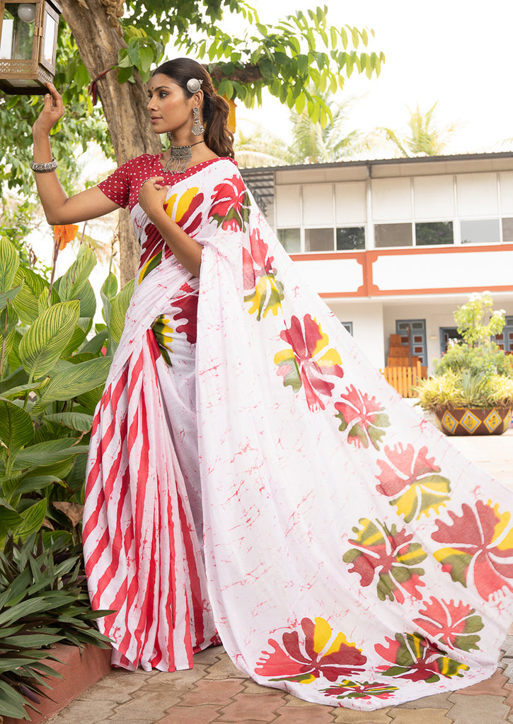 FASHION FUNDA PURE MULMUL COTTON BAGRU FANCY HAND PRINTED WHITE SAREE