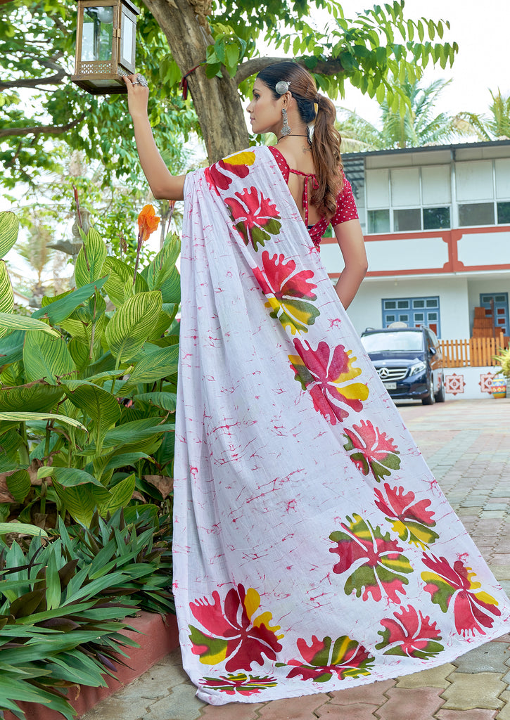FASHION FUNDA PURE MULMUL COTTON BAGRU FANCY HAND PRINTED WHITE SAREE