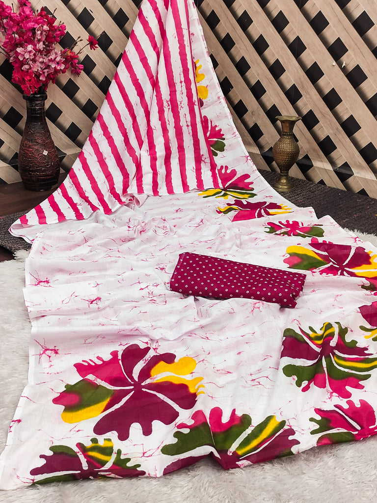 FASHION FUNDA PURE MULMUL COTTON BAGRU FANCY HAND PRINTED WHITE SAREE
