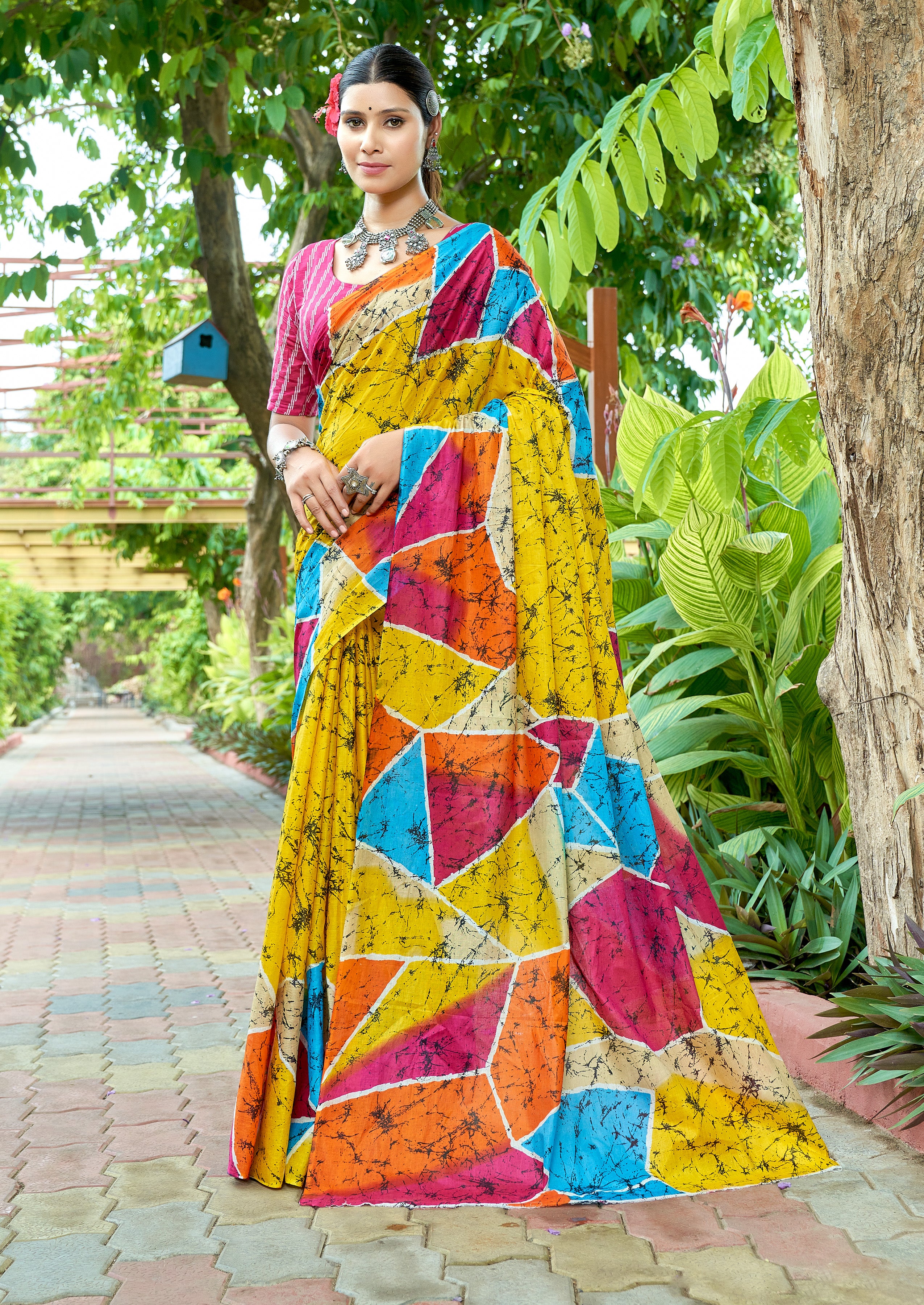 FASHION FUNDA PURE MULMUL COTTON BAGRU FANCY HAND PRINTED YELLOW SAREE