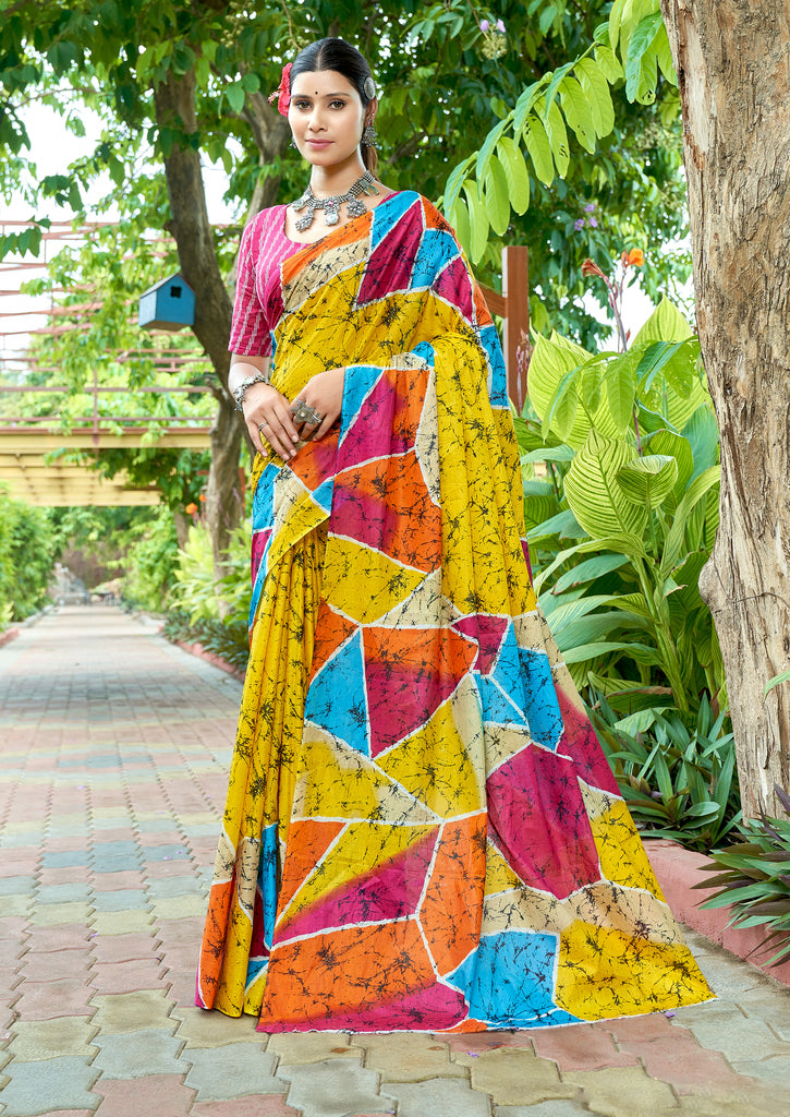 FASHION FUNDA PURE MULMUL COTTON BAGRU FANCY HAND PRINTED YELLOW SAREE
