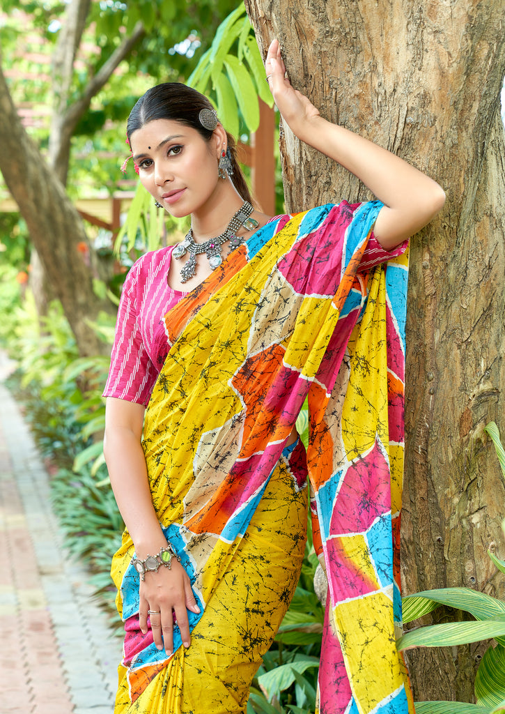 FASHION FUNDA PURE MULMUL COTTON BAGRU FANCY HAND PRINTED YELLOW SAREE