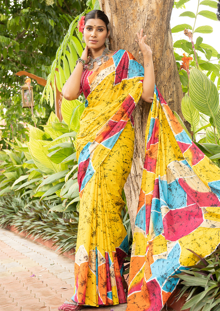 FASHION FUNDA PURE MULMUL COTTON BAGRU FANCY HAND PRINTED YELLOW SAREE