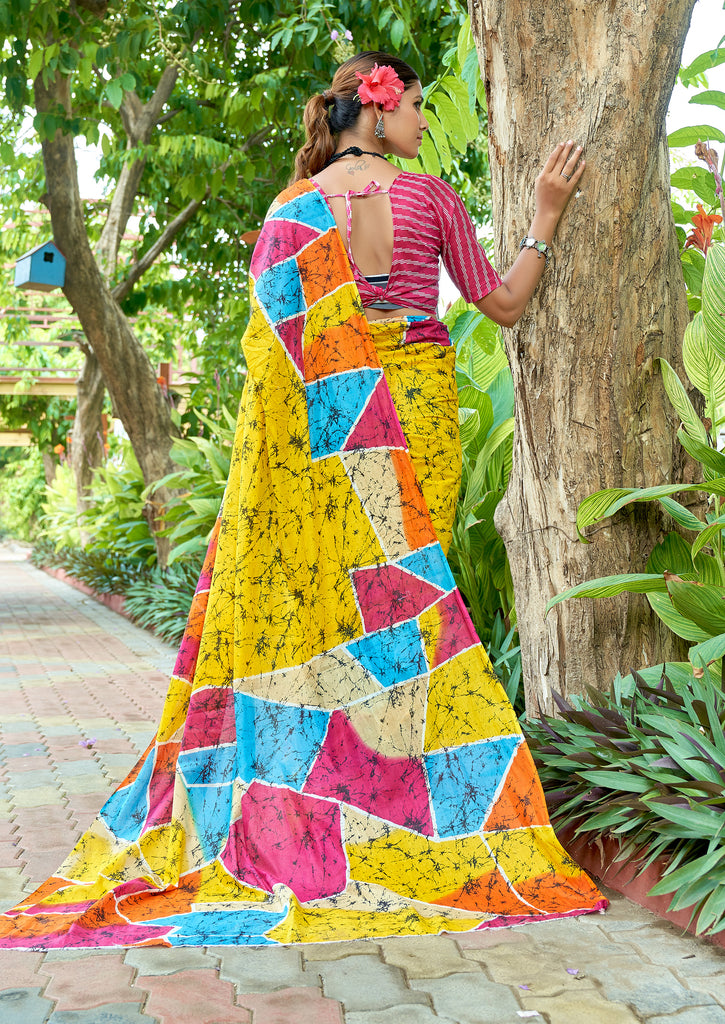 FASHION FUNDA PURE MULMUL COTTON BAGRU FANCY HAND PRINTED YELLOW SAREE