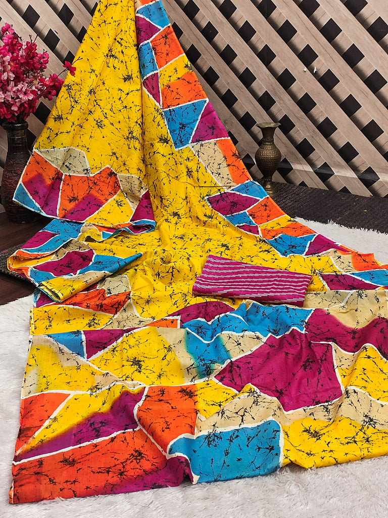 FASHION FUNDA PURE MULMUL COTTON BAGRU FANCY HAND PRINTED YELLOW SAREE