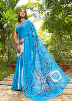 FASHION FUNDA PURE MULMUL COTTON BAGRU FANCY HAND PRINTED SKY BLUE SAREE