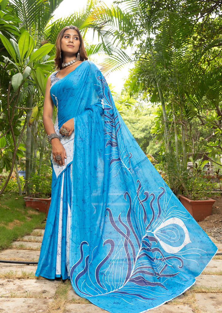 FASHION FUNDA PURE MULMUL COTTON BAGRU FANCY HAND PRINTED SKY BLUE SAREE
