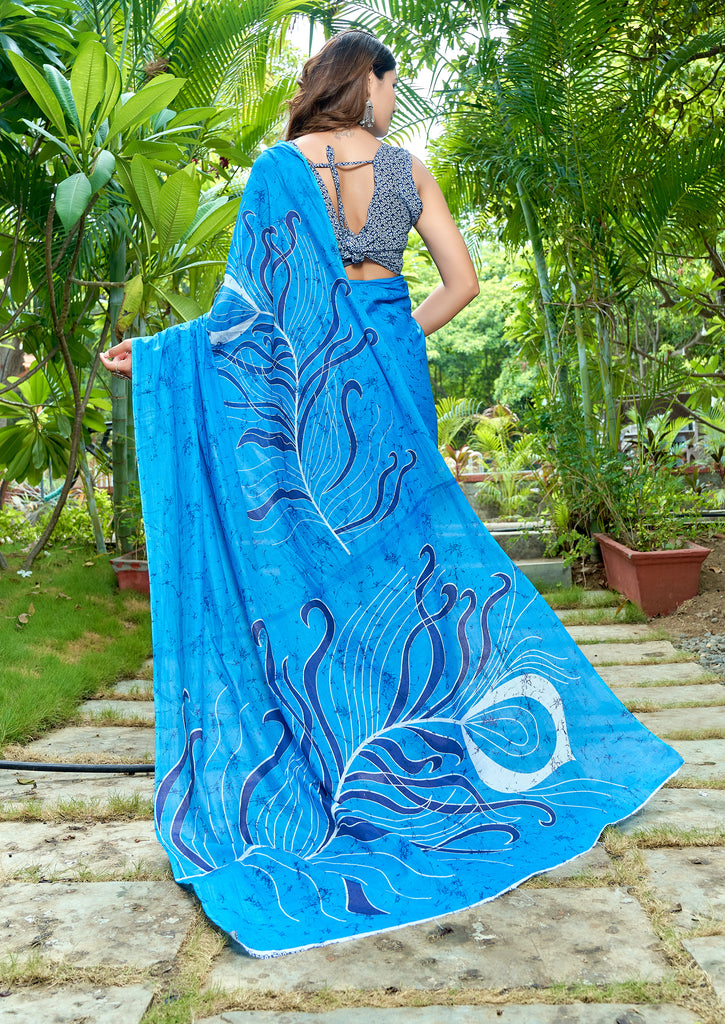 FASHION FUNDA PURE MULMUL COTTON BAGRU FANCY HAND PRINTED SKY BLUE SAREE