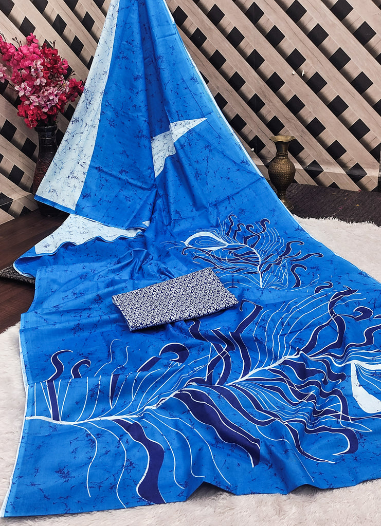 FASHION FUNDA PURE MULMUL COTTON BAGRU FANCY HAND PRINTED SKY BLUE SAREE