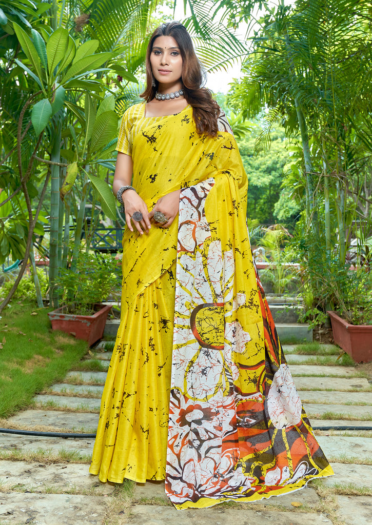 FASHION FUNDA PURE MULMUL COTTON BAGRU FANCY HAND PRINTED YELLOW AND BEAGE SAREE
