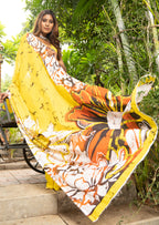 FASHION FUNDA PURE MULMUL COTTON BAGRU FANCY HAND PRINTED YELLOW AND BEAGE SAREE
