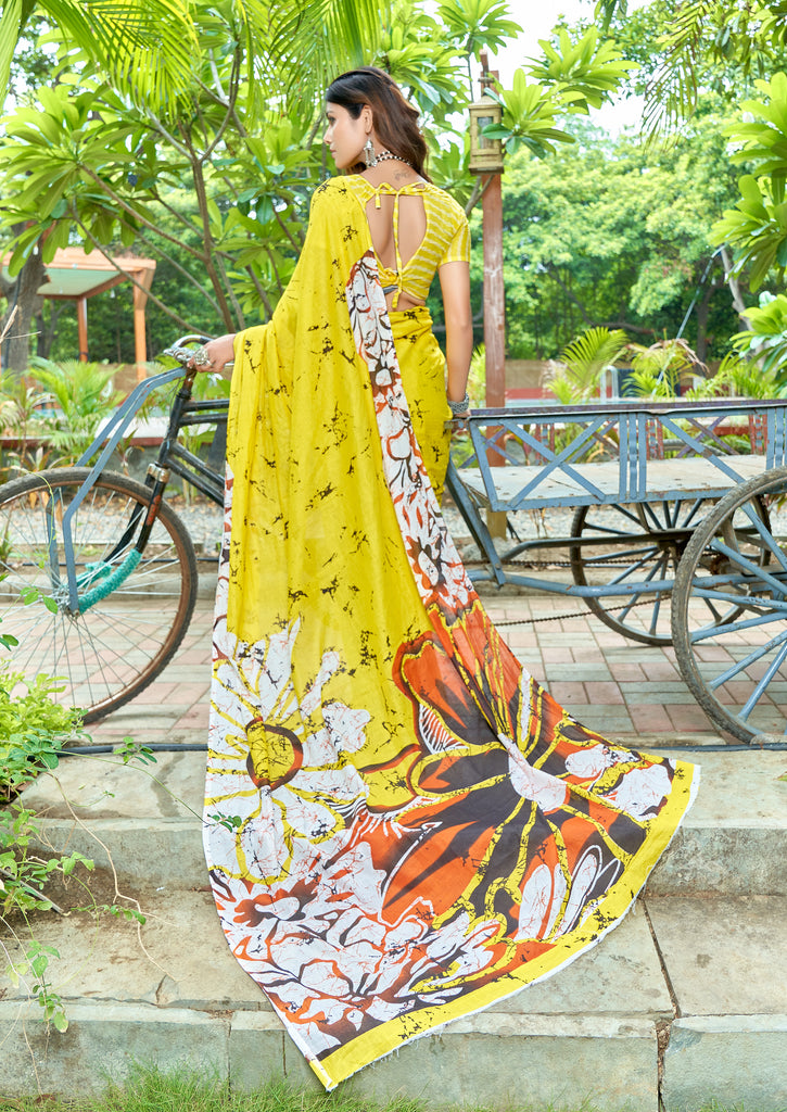 FASHION FUNDA PURE MULMUL COTTON BAGRU FANCY HAND PRINTED YELLOW AND BEAGE SAREE