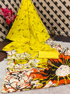 FASHION FUNDA PURE MULMUL COTTON BAGRU FANCY HAND PRINTED YELLOW AND BEAGE SAREE