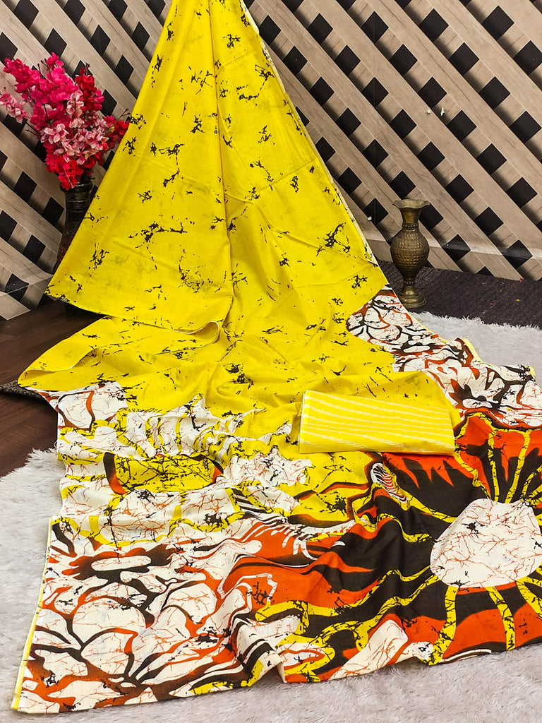 FASHION FUNDA PURE MULMUL COTTON BAGRU FANCY HAND PRINTED YELLOW AND BEAGE SAREE