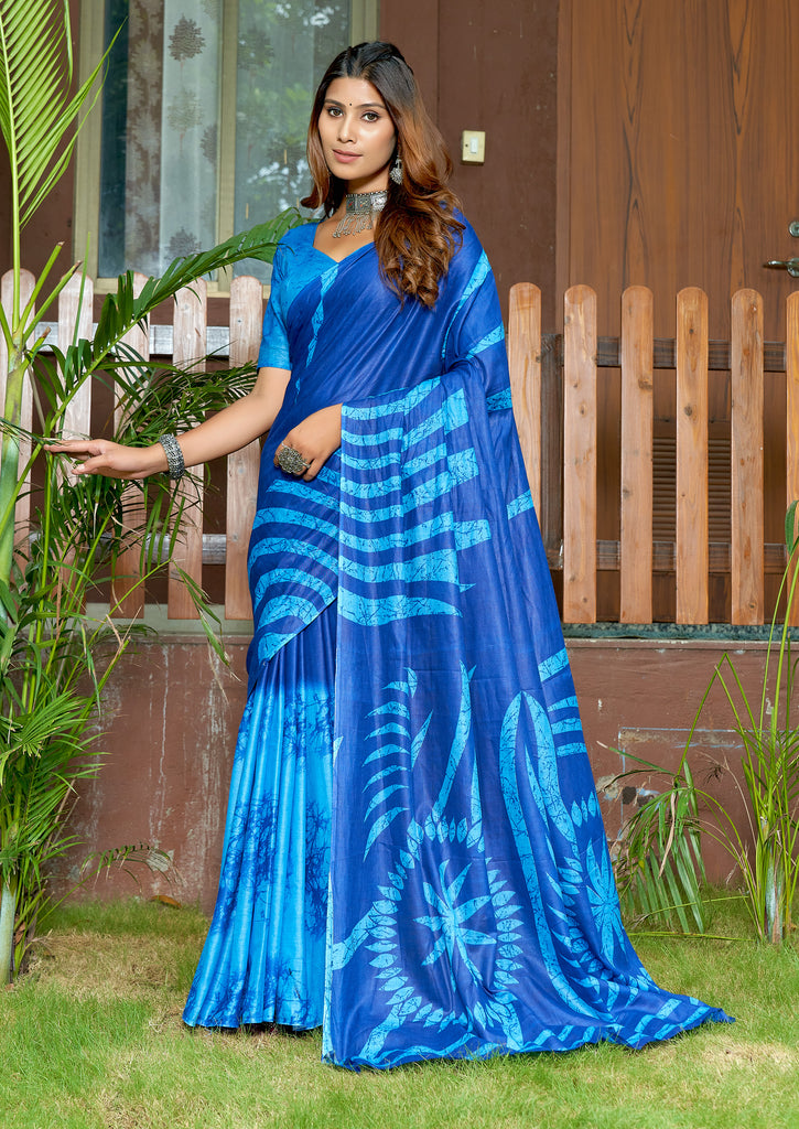 FASHION FUNDA PURE MULMUL COTTON BAGRU FANCY HAND PRINTED BLUE SAREE
