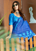 FASHION FUNDA PURE MULMUL COTTON BAGRU FANCY HAND PRINTED BLUE SAREE