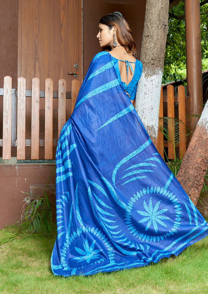 FASHION FUNDA PURE MULMUL COTTON BAGRU FANCY HAND PRINTED BLUE SAREE