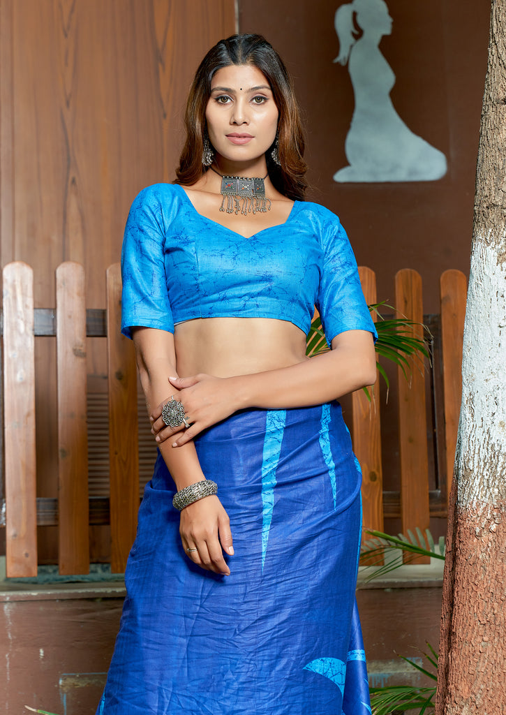 FASHION FUNDA PURE MULMUL COTTON BAGRU FANCY HAND PRINTED BLUE SAREE