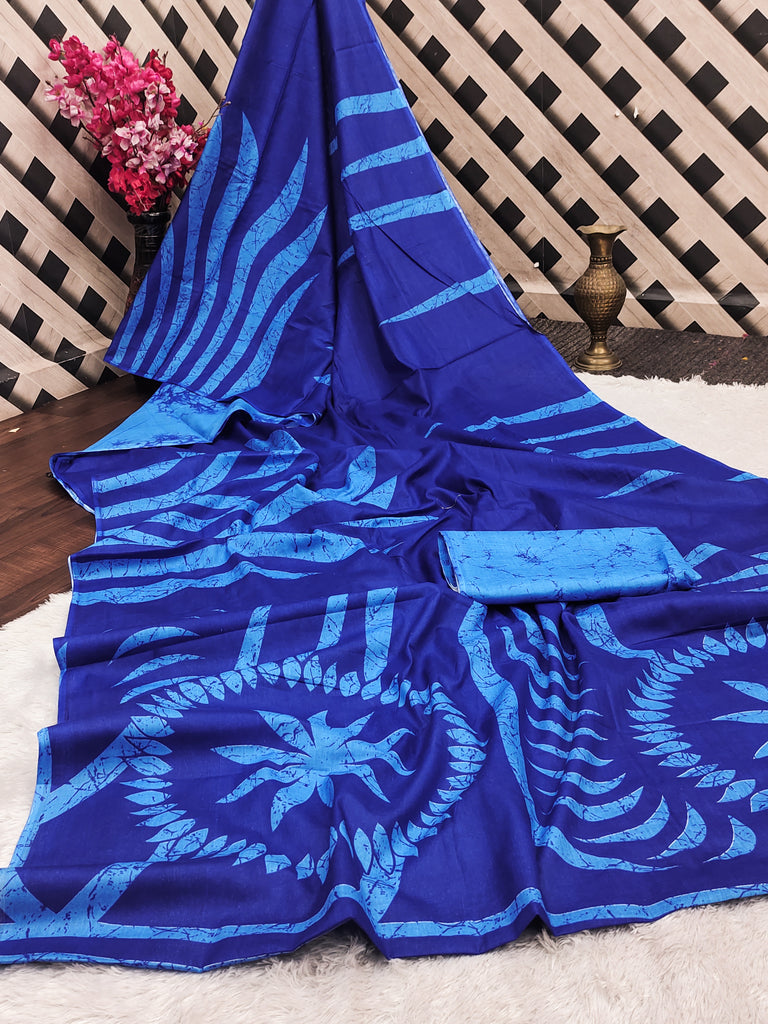 FASHION FUNDA PURE MULMUL COTTON BAGRU FANCY HAND PRINTED BLUE SAREE