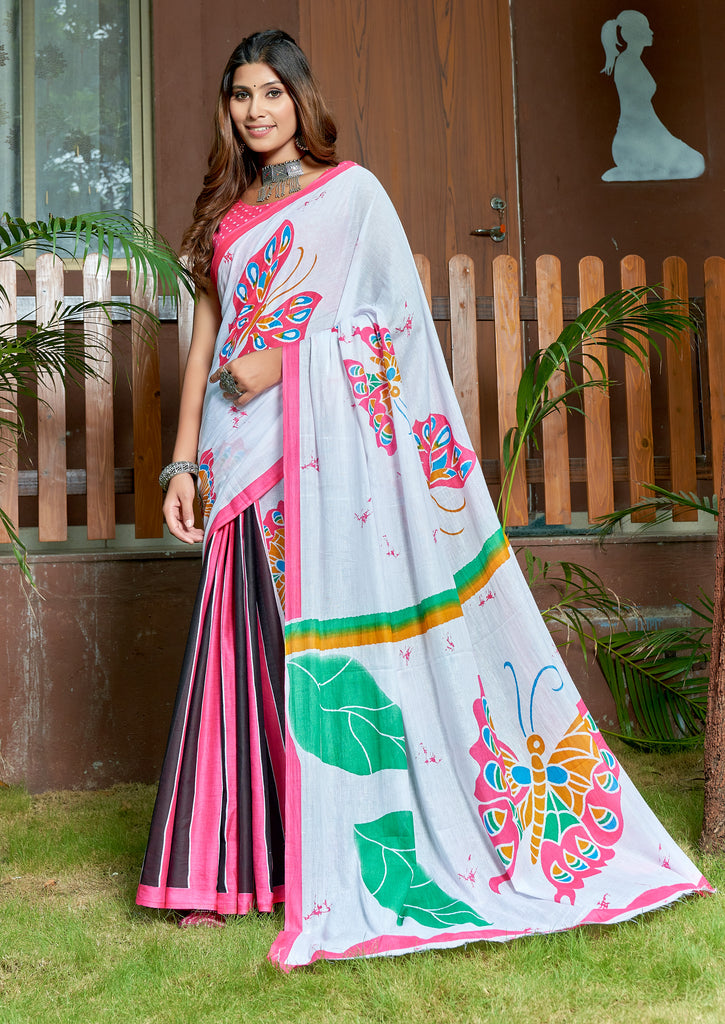 FASHION FUNDA PURE MULMUL COTTON BAGRU FANCY HAND PRINTED MULTICOLOR SAREE