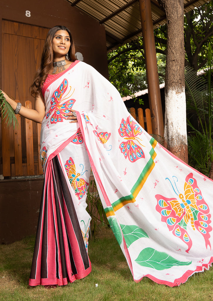 FASHION FUNDA PURE MULMUL COTTON BAGRU FANCY HAND PRINTED MULTICOLOR SAREE