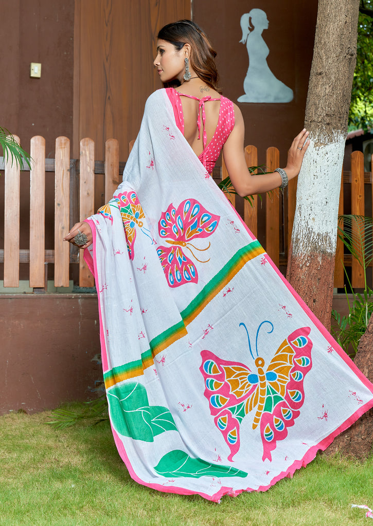FASHION FUNDA PURE MULMUL COTTON BAGRU FANCY HAND PRINTED MULTICOLOR SAREE
