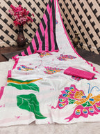 FASHION FUNDA PURE MULMUL COTTON BAGRU FANCY HAND PRINTED MULTICOLOR SAREE