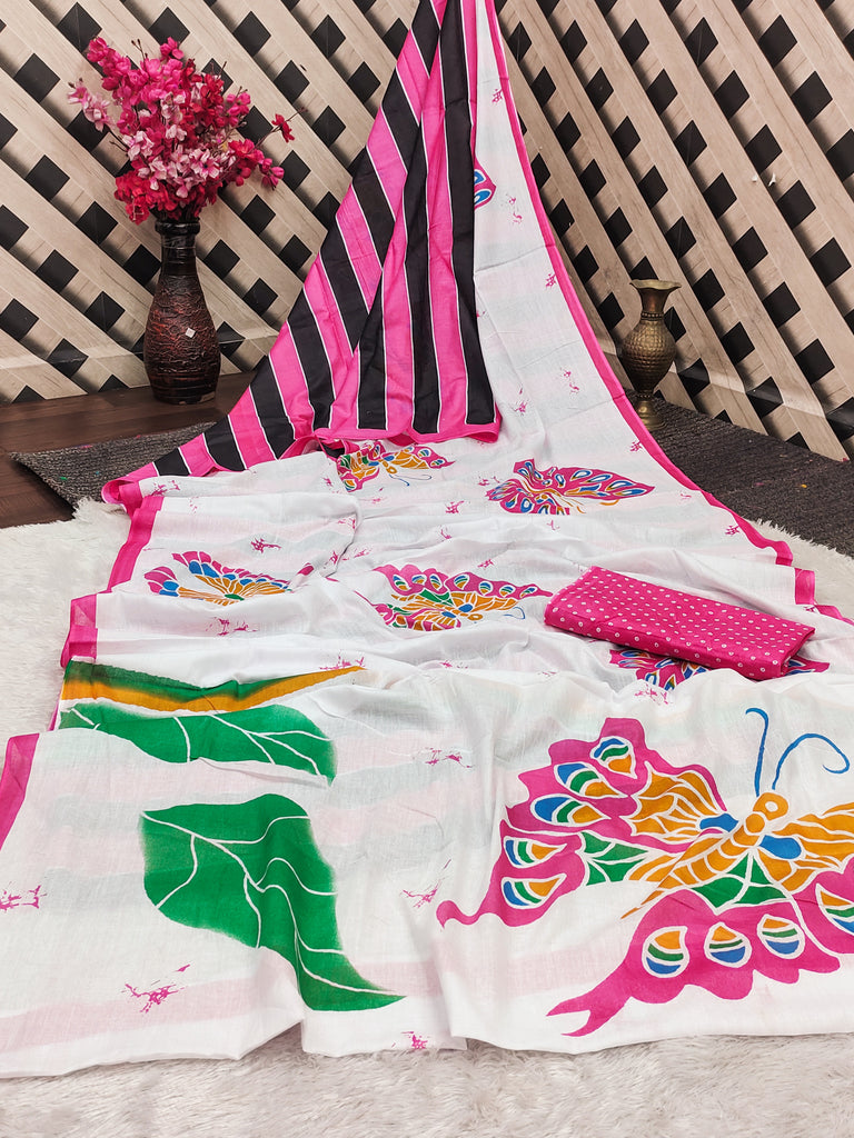 FASHION FUNDA PURE MULMUL COTTON BAGRU FANCY HAND PRINTED MULTICOLOR SAREE