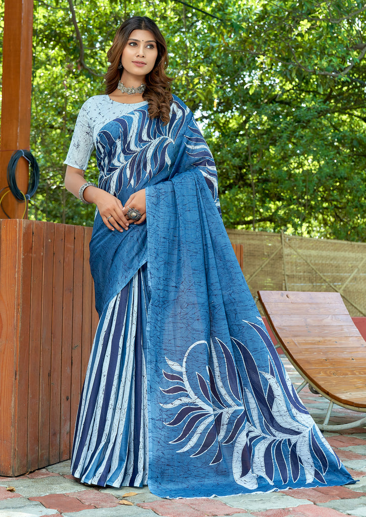FASHION FUNDA PURE MULMUL COTTON BAGRU FANCY HAND PRINTED NEVY BLUE SAREE