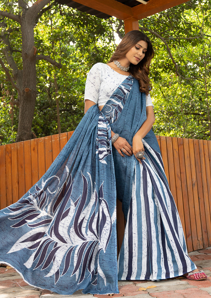 FASHION FUNDA PURE MULMUL COTTON BAGRU FANCY HAND PRINTED NEVY BLUE SAREE