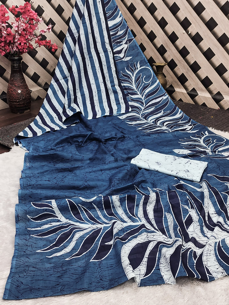 FASHION FUNDA PURE MULMUL COTTON BAGRU FANCY HAND PRINTED NEVY BLUE SAREE
