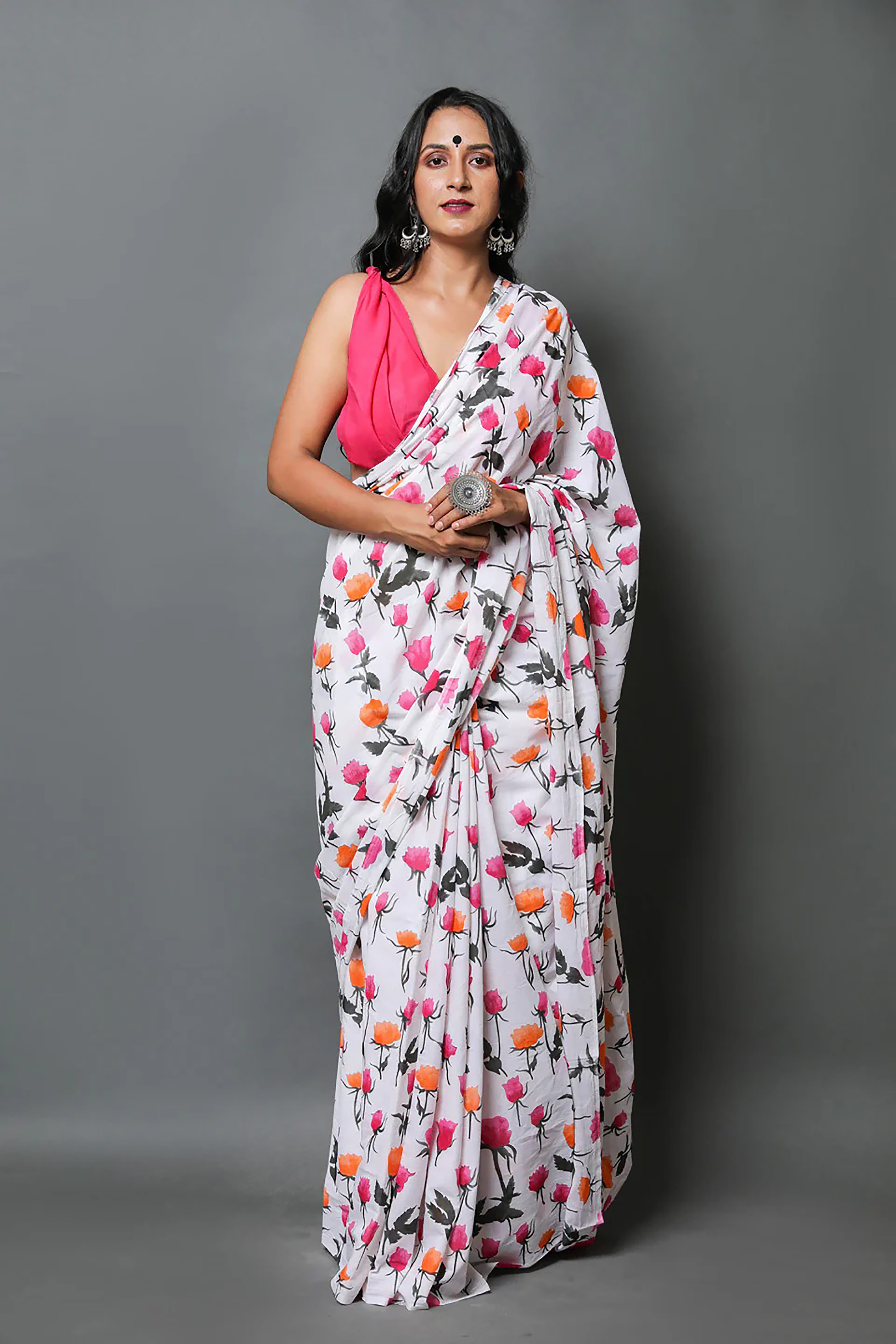 GULABOO SOFT PURE COTTON BAGRU FLOWER PRINT MULTICOLOR SAREE WITH PINK COLOUR PLAIN BLOUSE