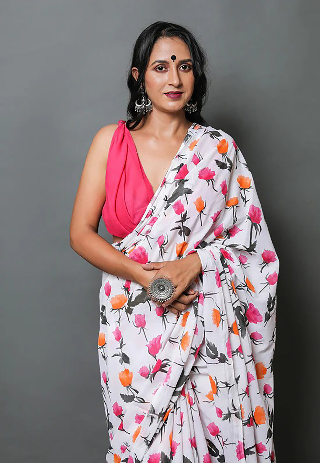 GULABOO SOFT PURE COTTON BAGRU FLOWER PRINT MULTICOLOR SAREE WITH PINK COLOUR PLAIN BLOUSE