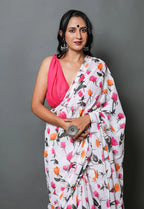 GULABOO SOFT PURE COTTON BAGRU FLOWER PRINT MULTICOLOR SAREE WITH PINK COLOUR PLAIN BLOUSE