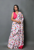 GULABOO SOFT PURE COTTON BAGRU FLOWER PRINT MULTICOLOR SAREE WITH PINK COLOUR PLAIN BLOUSE
