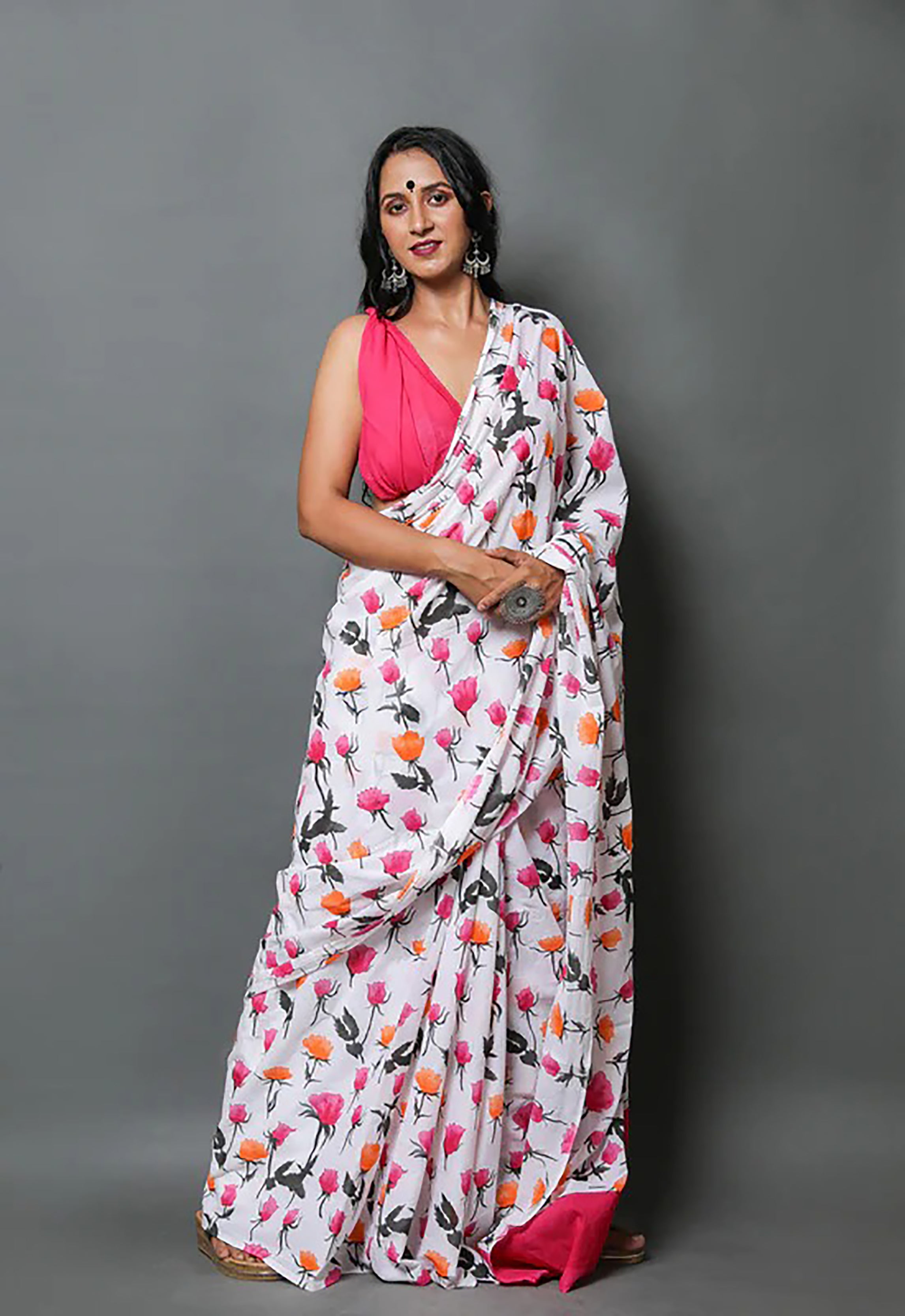 GULABOO SOFT PURE COTTON BAGRU FLOWER PRINT MULTICOLOR SAREE WITH PINK COLOUR PLAIN BLOUSE
