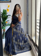 HAND BLOCK10 SOFT MASLIN COTTON WITH HEVY ZARI BODAR NEVY BLUE SAREE