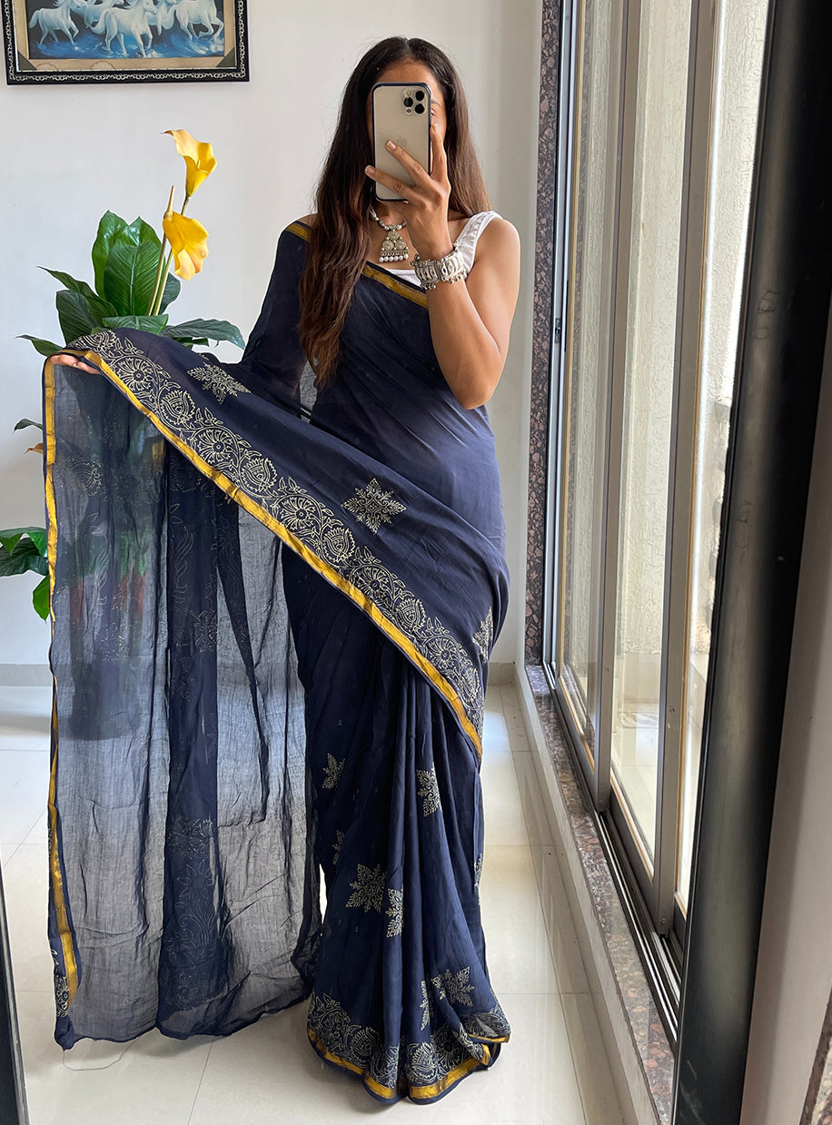 HAND BLOCK10 SOFT MASLIN COTTON WITH HEVY ZARI BODAR NEVY BLUE SAREE