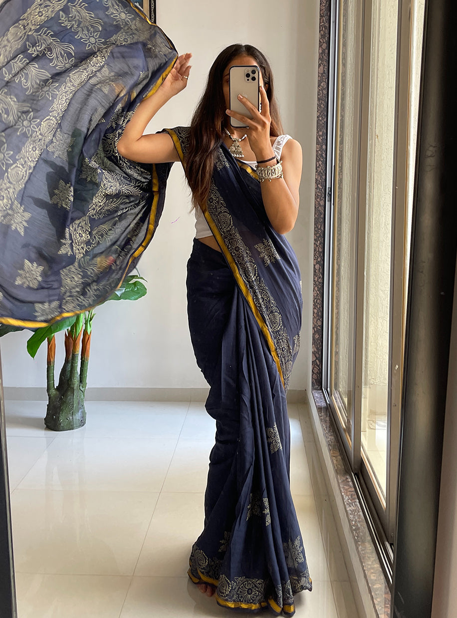 HAND BLOCK10 SOFT MASLIN COTTON WITH HEVY ZARI BODAR NEVY BLUE SAREE