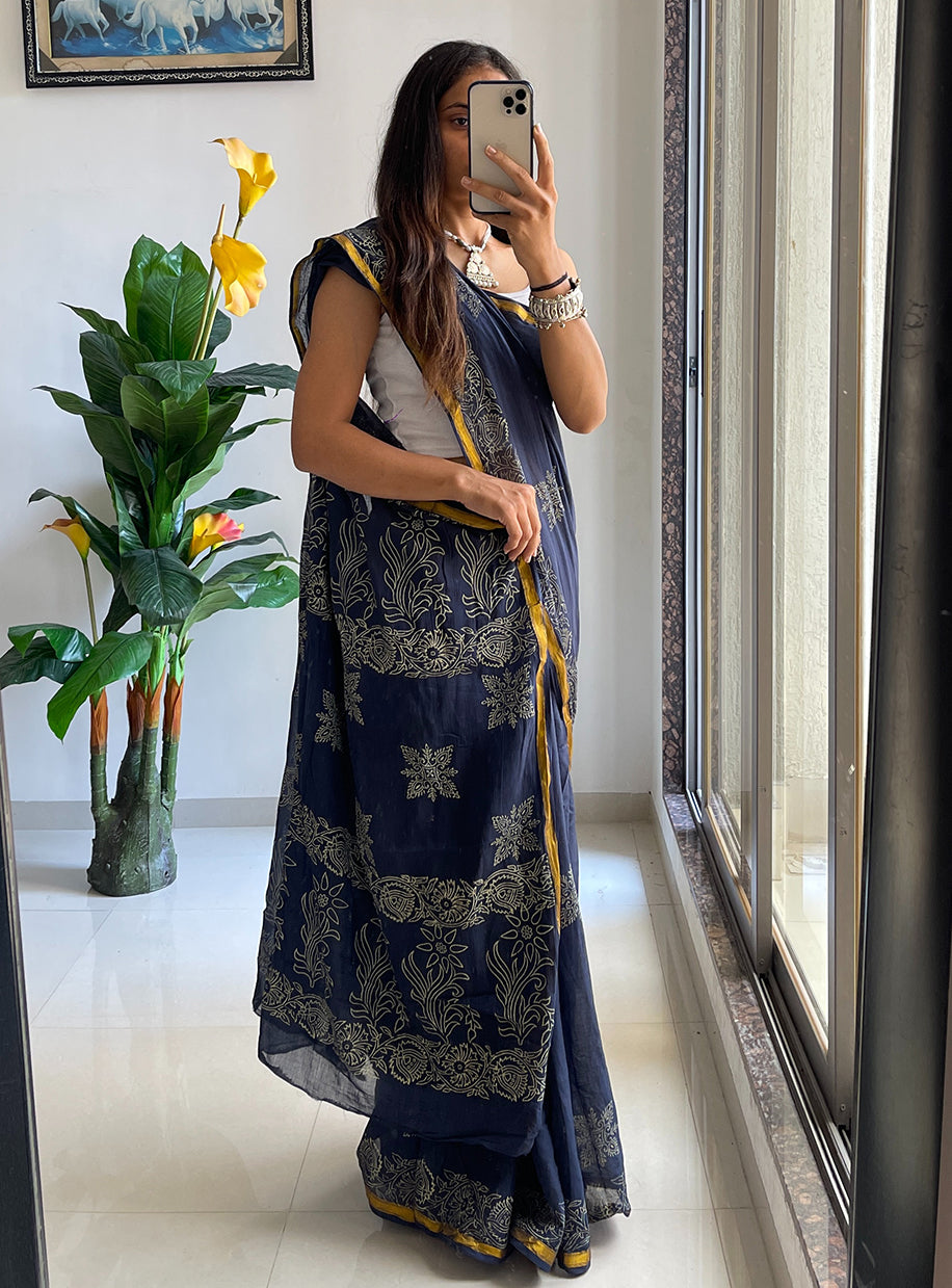 HAND BLOCK10 SOFT MASLIN COTTON WITH HEVY ZARI BODAR NEVY BLUE SAREE