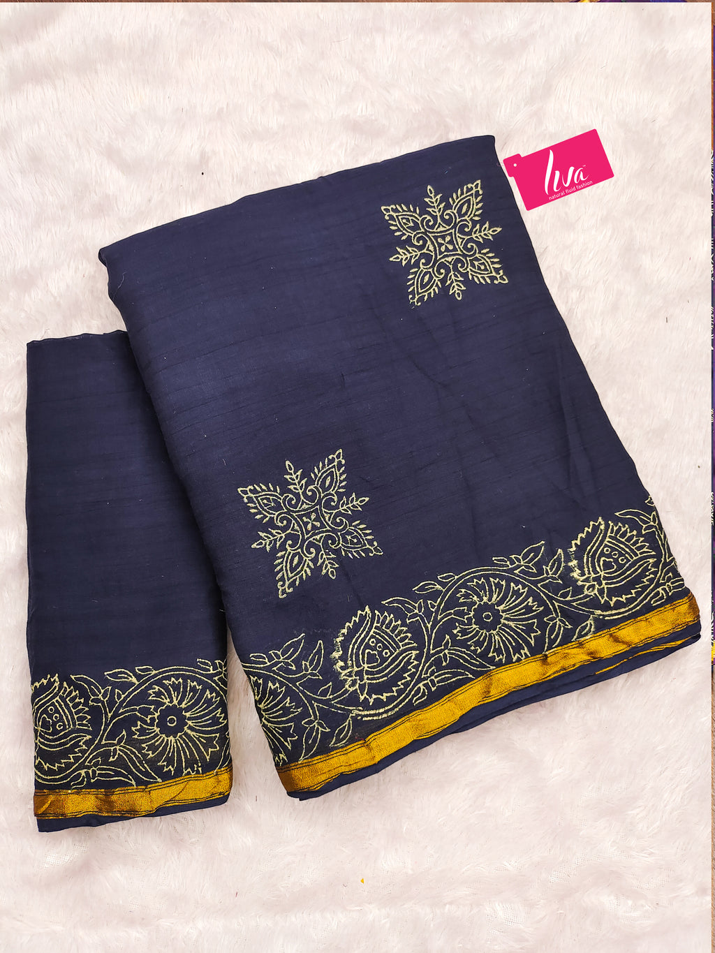 HAND BLOCK10 SOFT MASLIN COTTON WITH HEVY ZARI BODAR NEVY BLUE SAREE