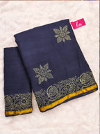 HAND BLOCK10 SOFT MASLIN COTTON WITH HEVY ZARI BODAR NEVY BLUE SAREE