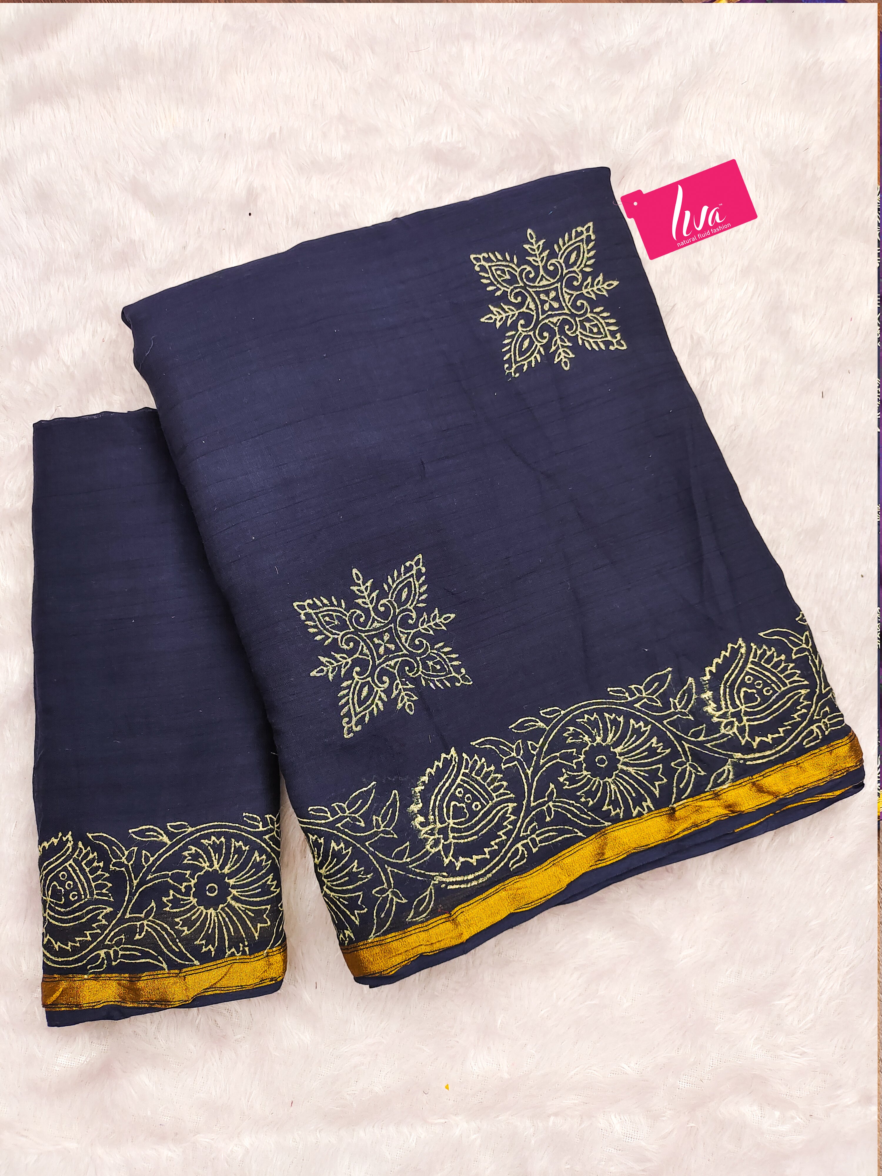 HAND BLOCK10 SOFT MASLIN COTTON WITH HEVY ZARI BODAR NEVY BLUE SAREE