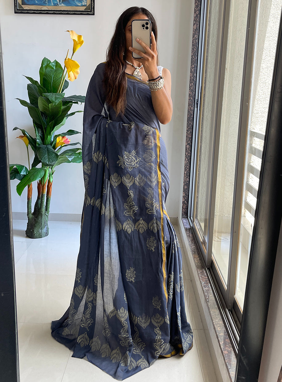 HAND BLOCK1 SOFT MASLIN COTTON WITH HEVY ZARI BODAR BLUE SAREE