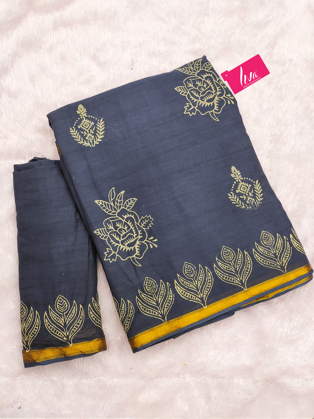 HAND BLOCK1 SOFT MASLIN COTTON WITH HEVY ZARI BODAR BLUE SAREE
