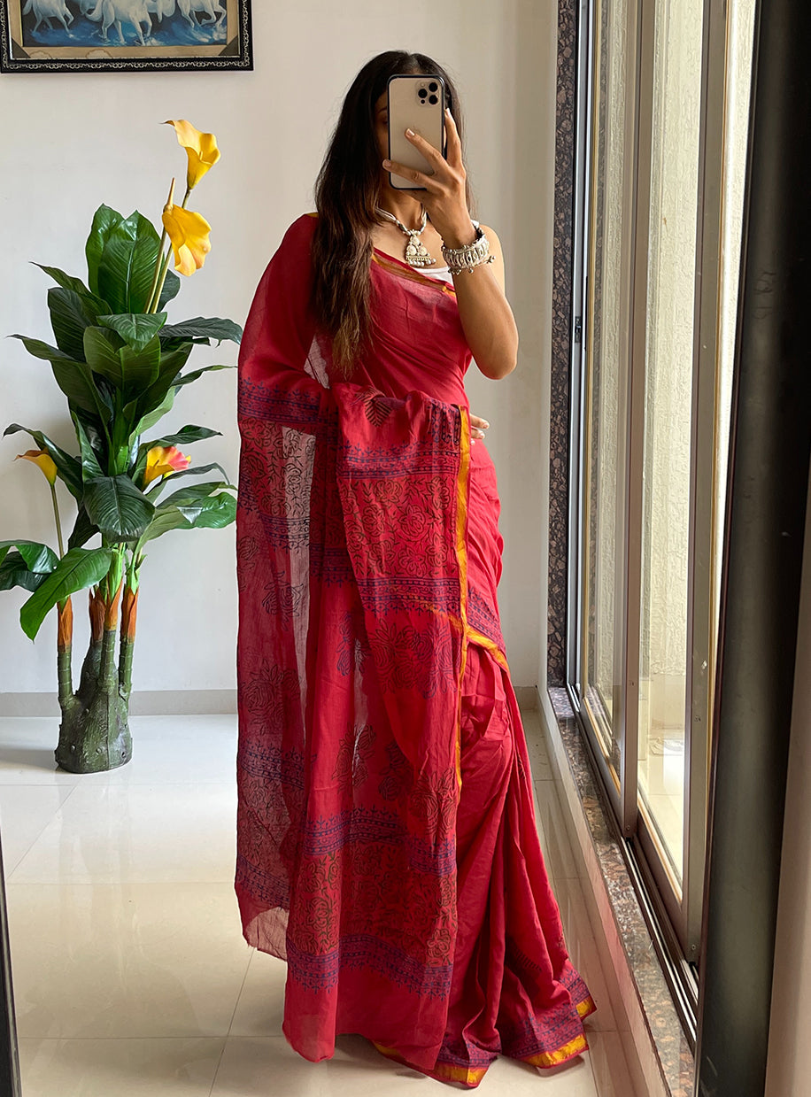 HAND BLOCK2 SOFT MASLIN COTTON WITH HEVY ZARI BODAR PINK SAREE