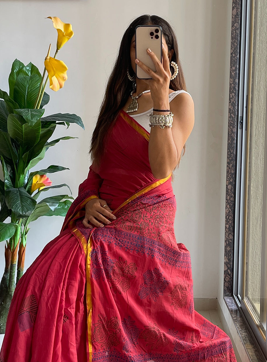 HAND BLOCK2 SOFT MASLIN COTTON WITH HEVY ZARI BODAR PINK SAREE