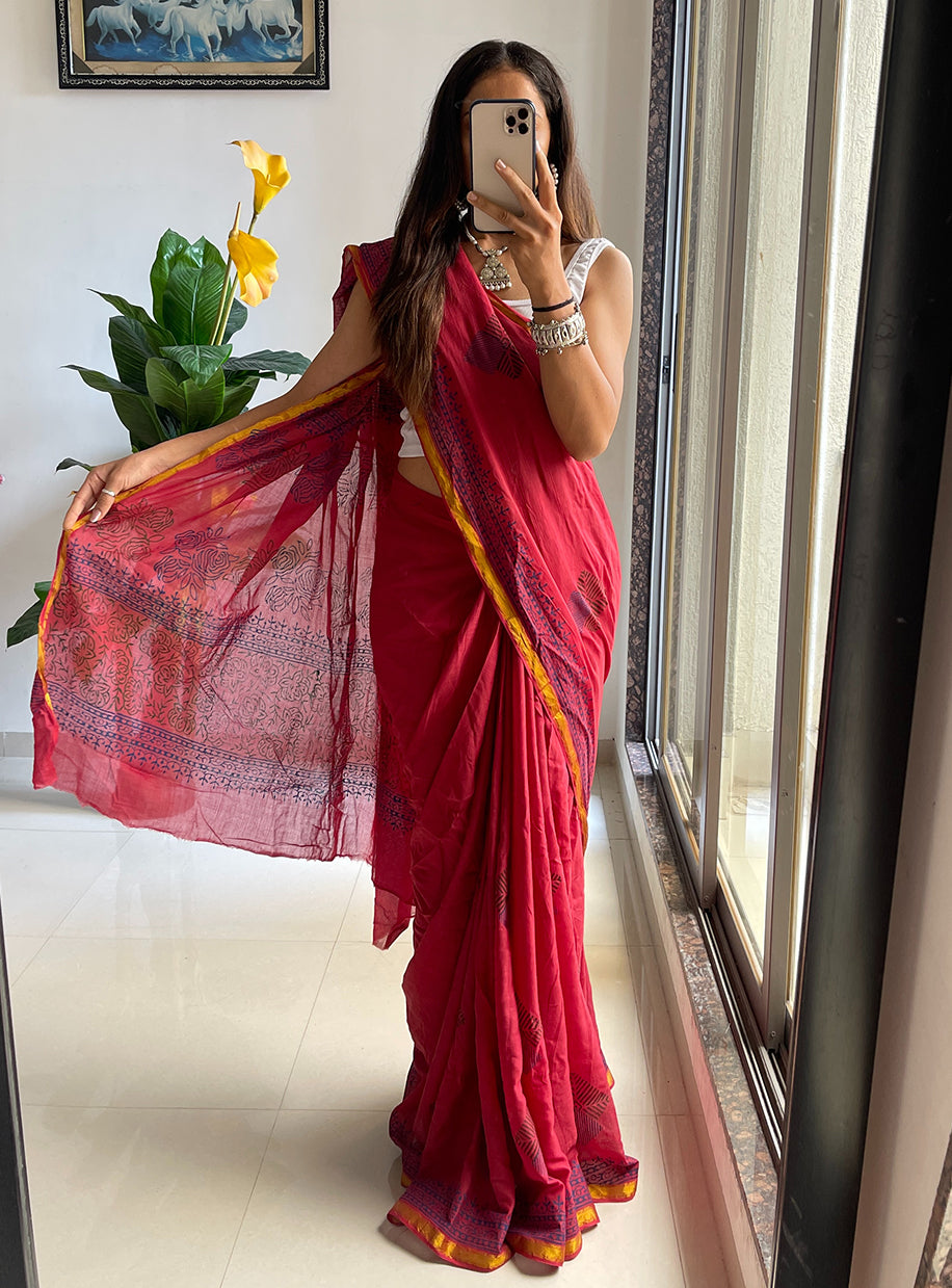 HAND BLOCK2 SOFT MASLIN COTTON WITH HEVY ZARI BODAR PINK SAREE
