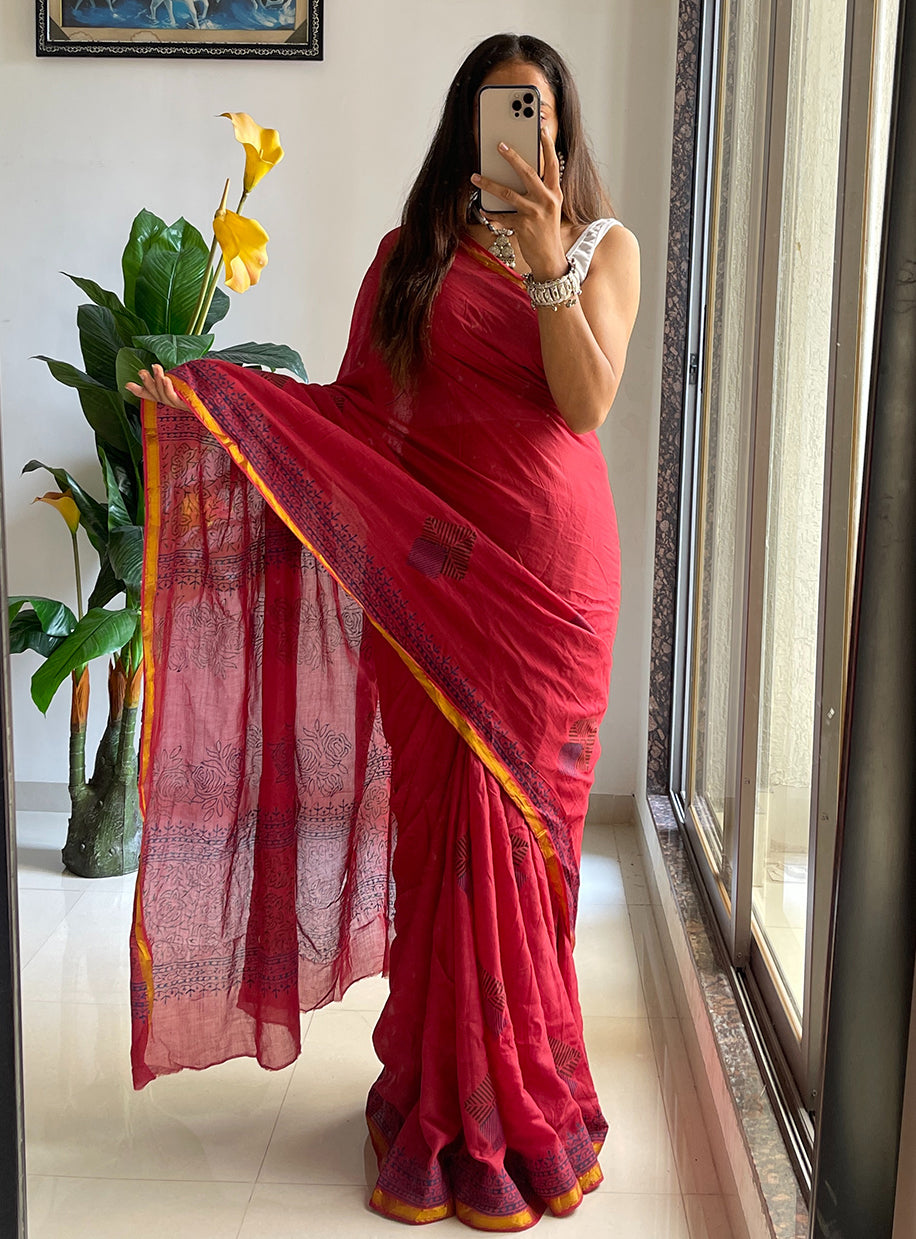 HAND BLOCK2 SOFT MASLIN COTTON WITH HEVY ZARI BODAR PINK SAREE